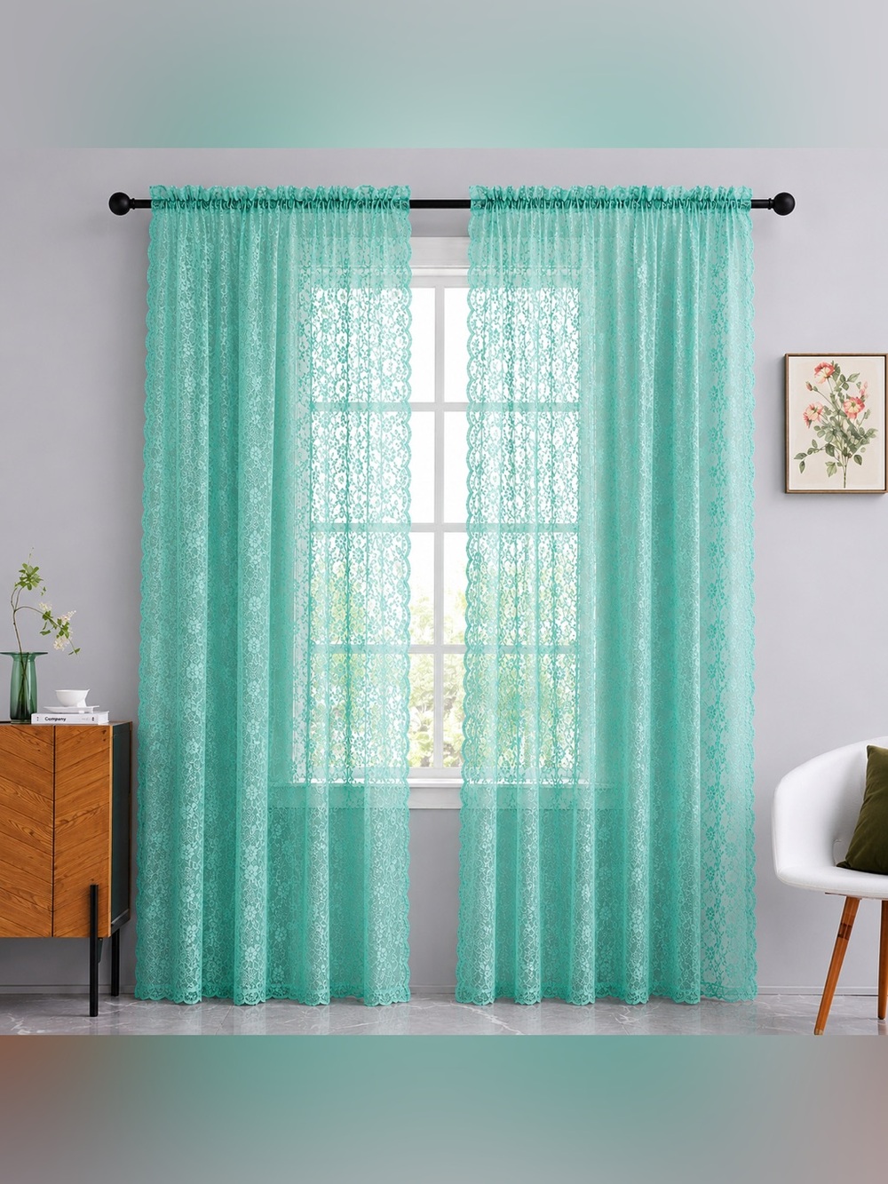FINECITY Teal Floral Lace Sheer Curtain Panels Set of 2 52” x 63” Rod Pocket